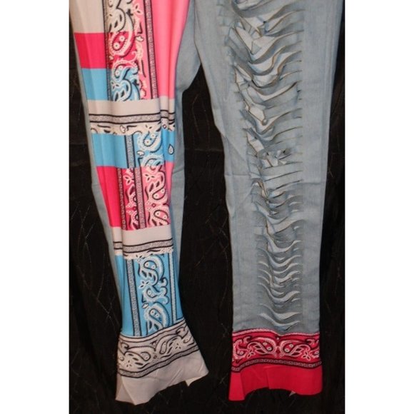 Women's Multi-Colored Bandana Patched Jeans With Pre Cut Rips Size 2XL - Picture 5 of 9